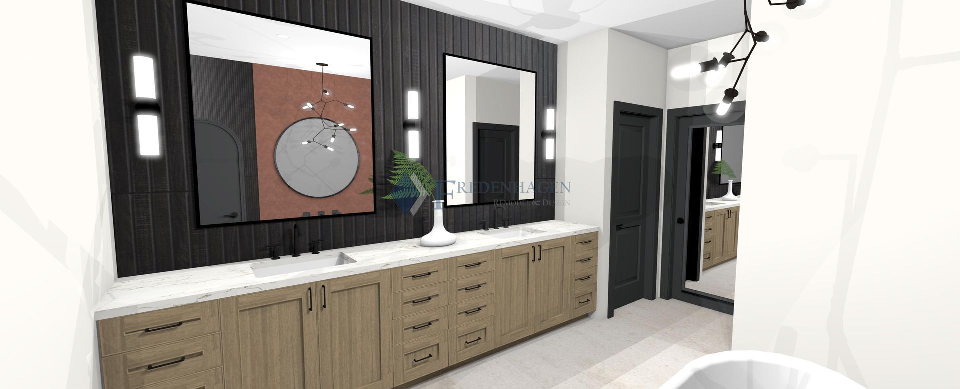 A bathroom with a tub , sink , mirrors and cabinets.