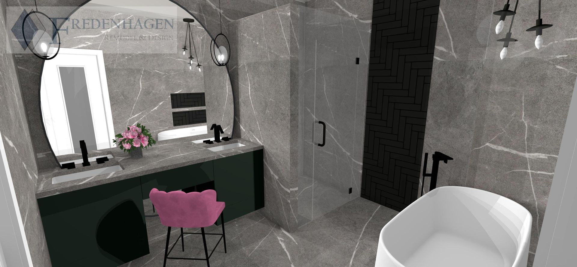 A bathroom with a tub , sink , mirror and vanity.