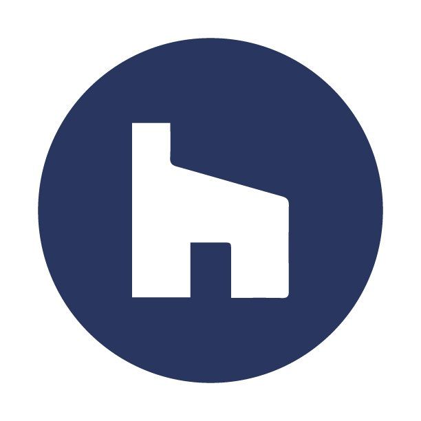 A white h in a blue circle on a white background.
