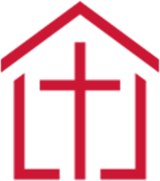 A red house with a cross inside of it.