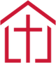 A red house with a cross inside of it.