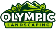 Olympic Landscaping logo with green mountains and leaves above bold white and green text