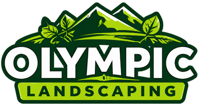 Olympic Landscaping logo with green mountains, leaves, and bold white and yellow text
