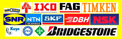 Logotipos de fabricantes de rodamientos y neumáticos sobre un fondo amarillo, incluidos Timken, SKF y Bridgestone.