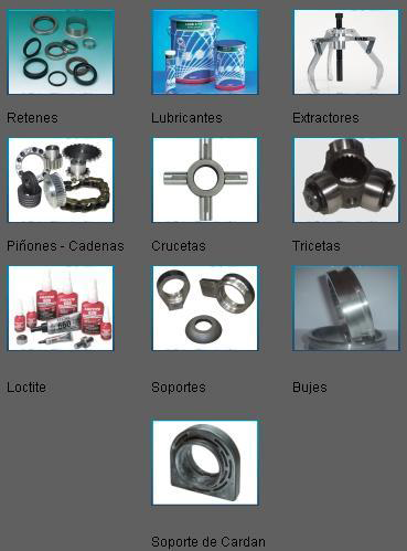 Colección de piezas de automóviles, incluidos retenedores, lubricantes, extractores y más, organizados en una cuadrícula.