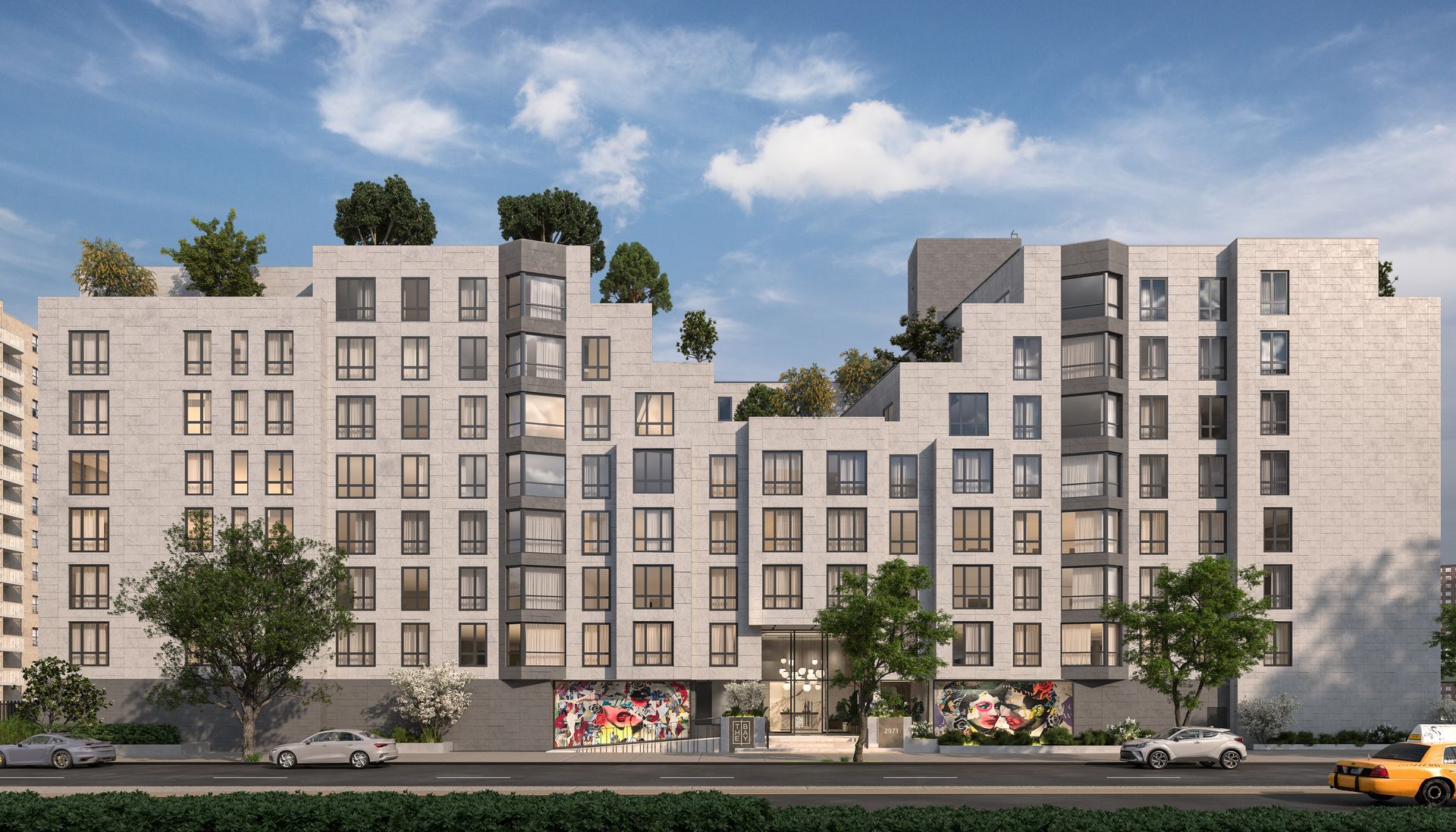 the bay rendering of the building facade