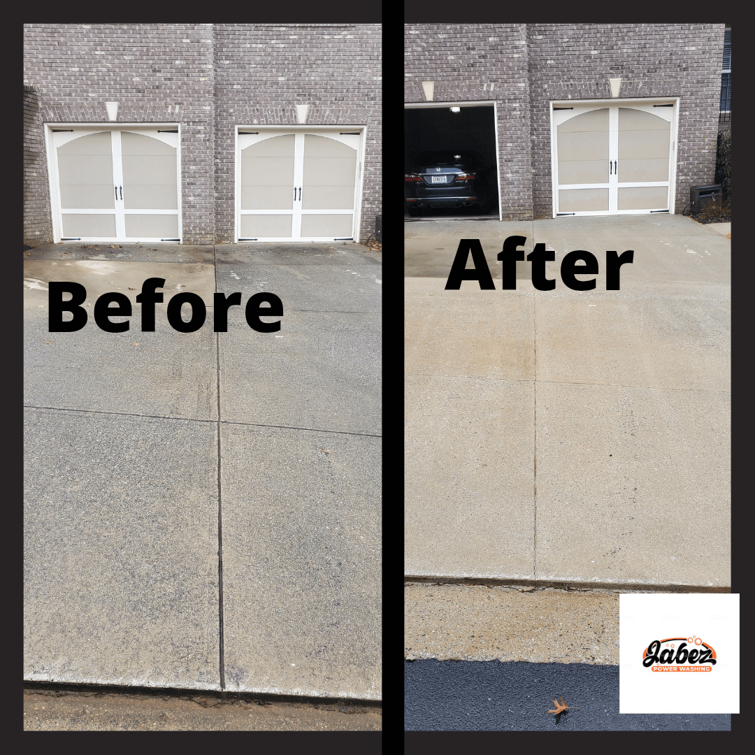 A before and after photo of a concrete driveway
