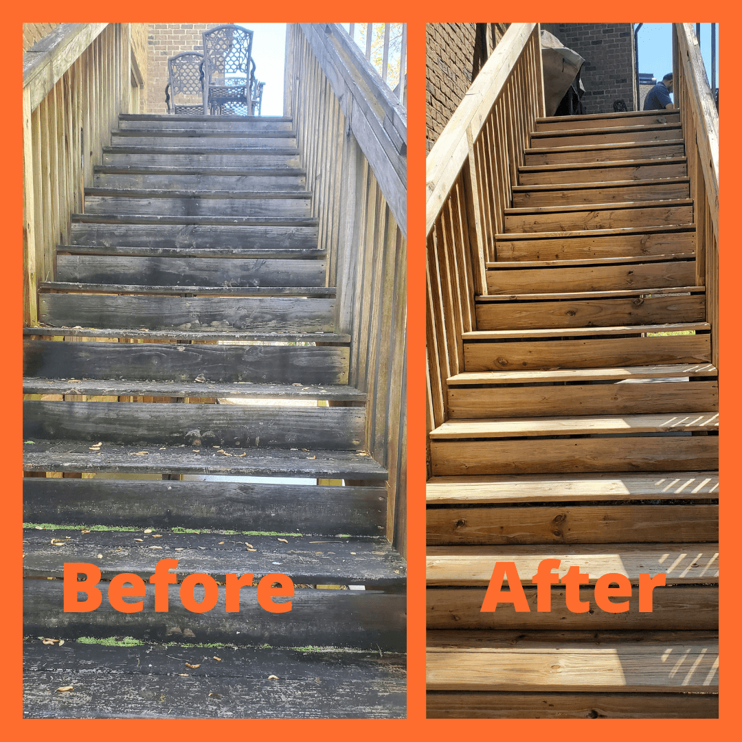 A before and after photo of a wooden staircase