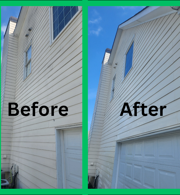 A before and after picture of a house with white siding