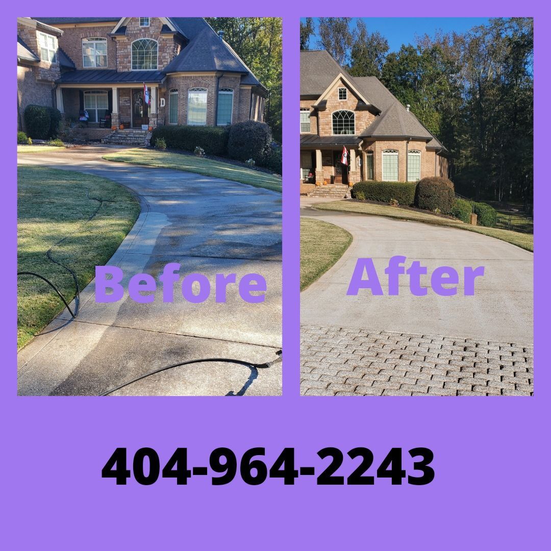 A before and after photo of a house with the phone number 404-964-2243