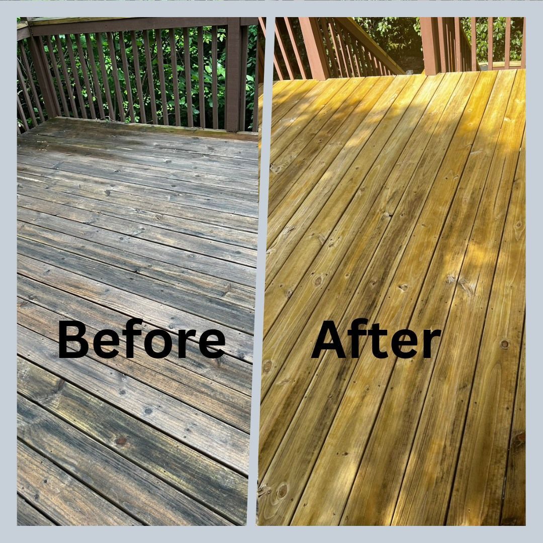 A before and after picture of a wooden deck