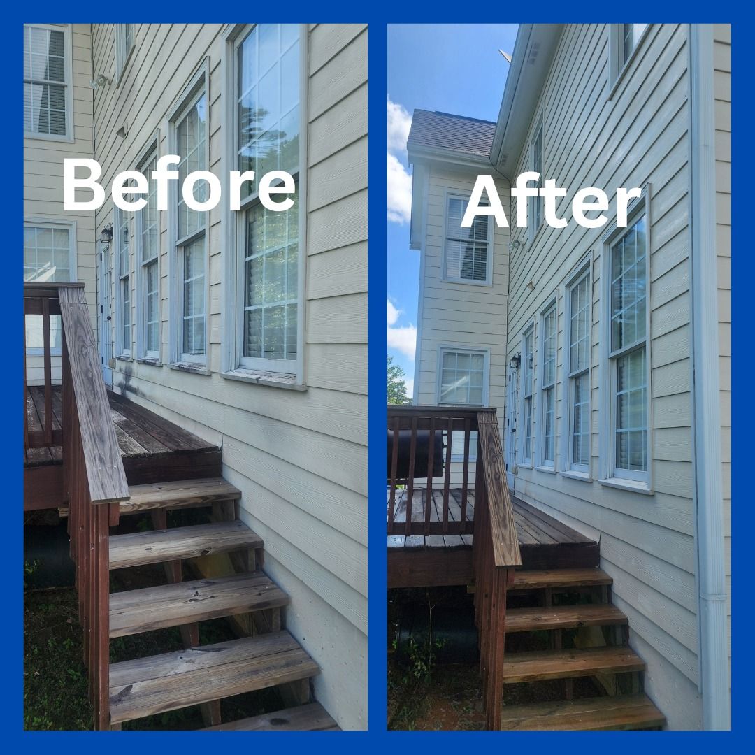 A before and after picture of a house with stairs