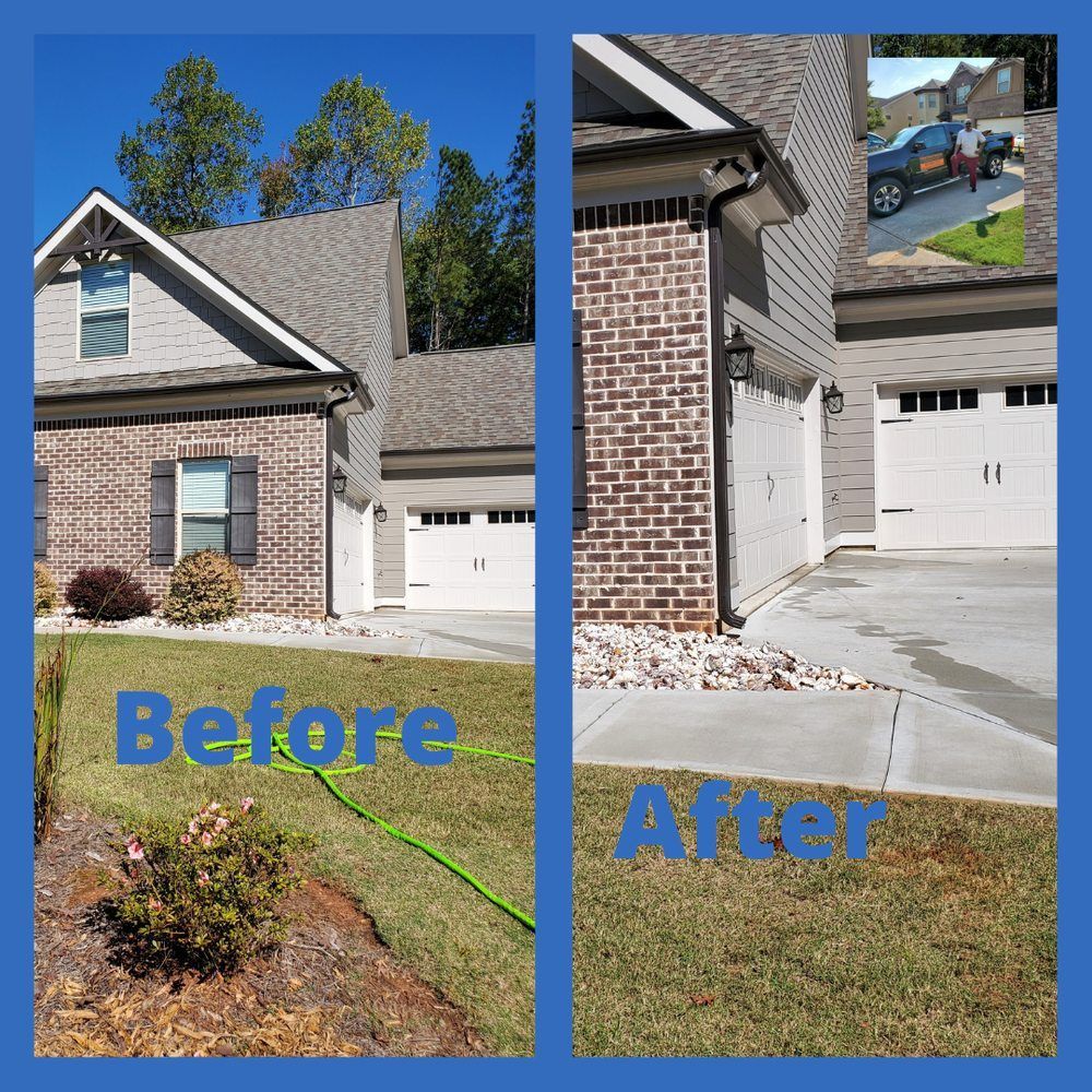 A before and after picture of a brick house