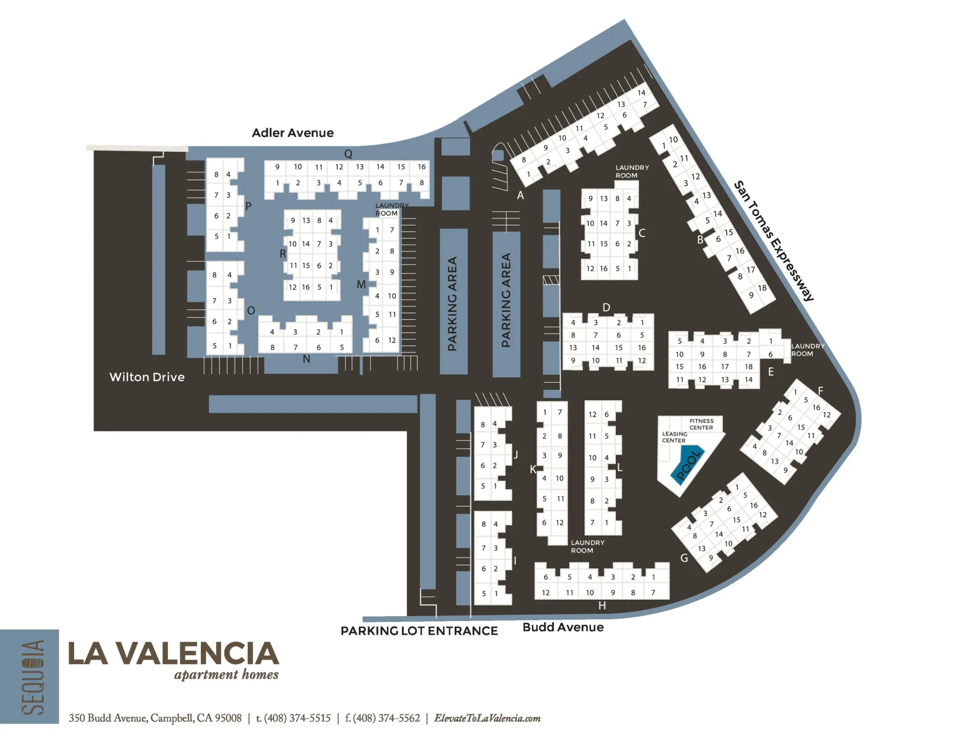 Plan view of La Valencia apartments; buildings are white, roads/parking are gray.
