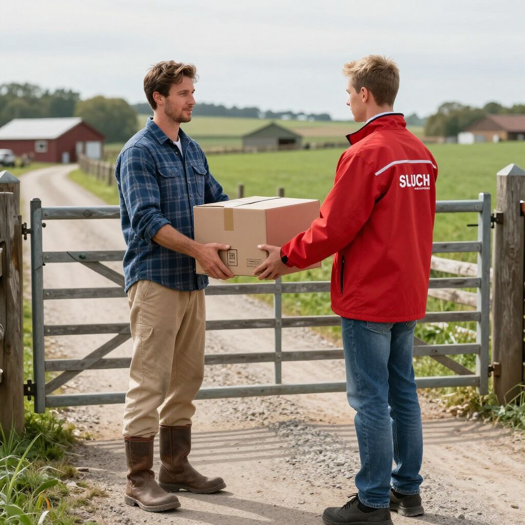 Een man ontvangt een pakket van een bezorger bij de poort van een boerderij.