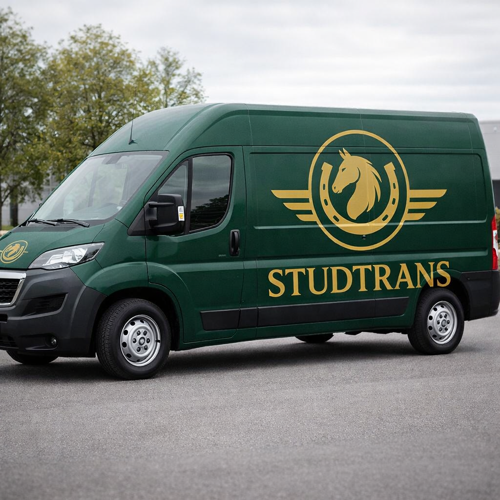 Groene Studtrans-bestelwagen met gouden paardenlogo staat buiten geparkeerd.