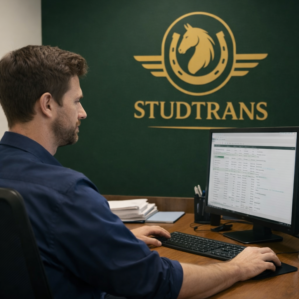 Man aan een bureau aan het werk op een computer, Studtrans-logo aan de muur.