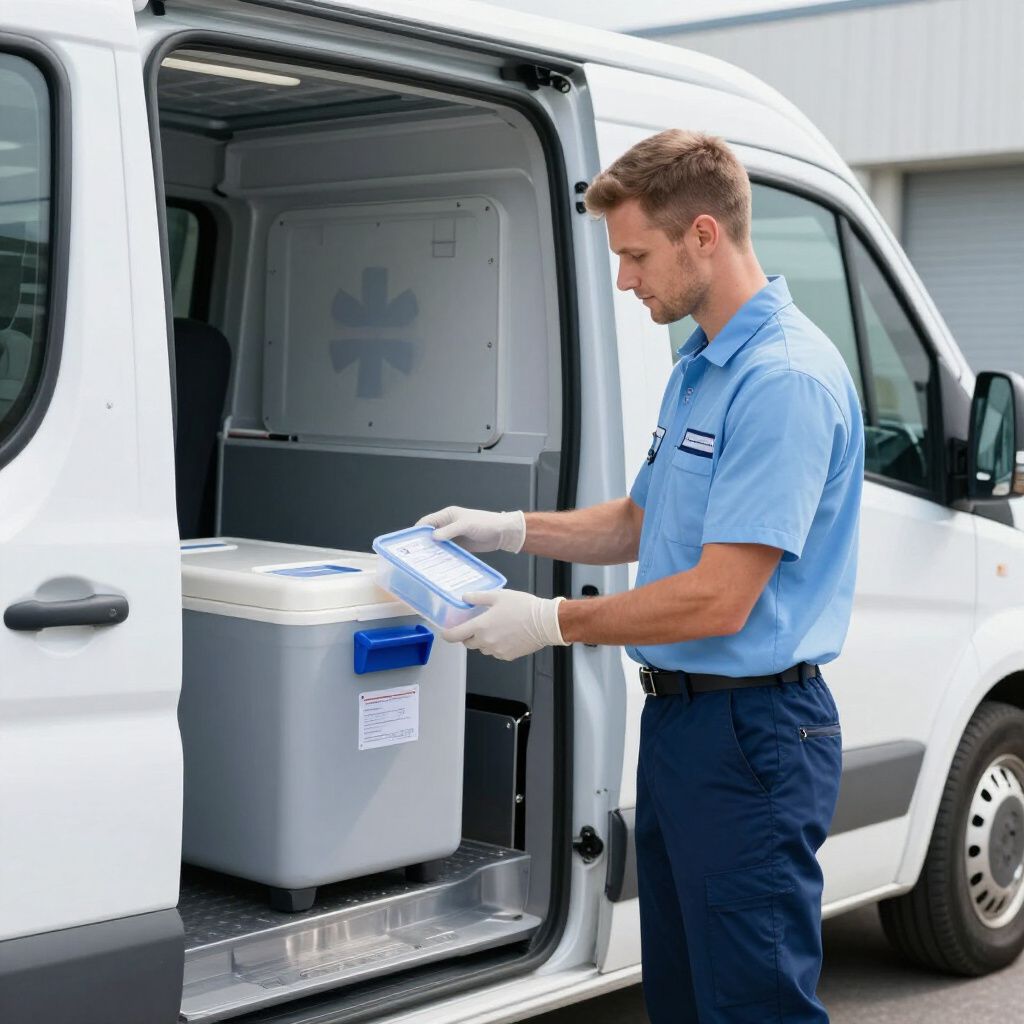 Een man in uniform laadt een medische koelbox in een witte bestelwagen.