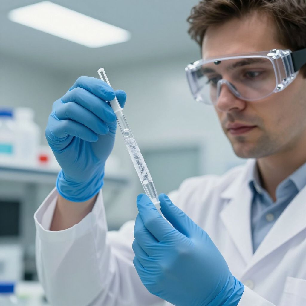 Wetenschapper in laboratoriumjas en veiligheidsbril met een maatcilinder gevuld met een heldere vloeistof.