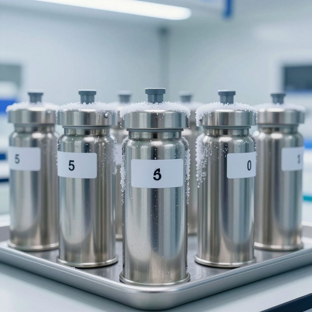 Roestvrijstalen bussen met etiketten en condensatie, op een dienblad in een laboratorium.