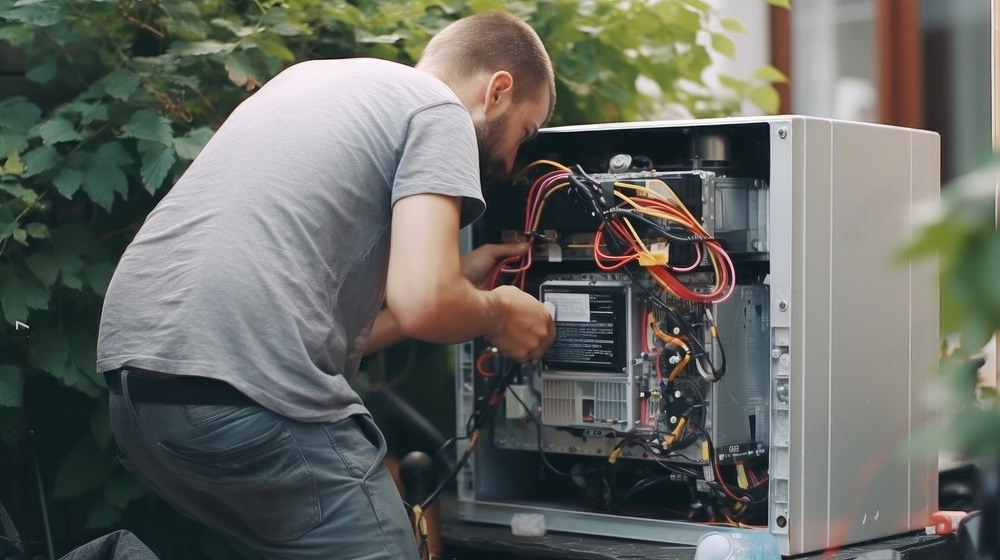 a man is repairing a heat pump unit.