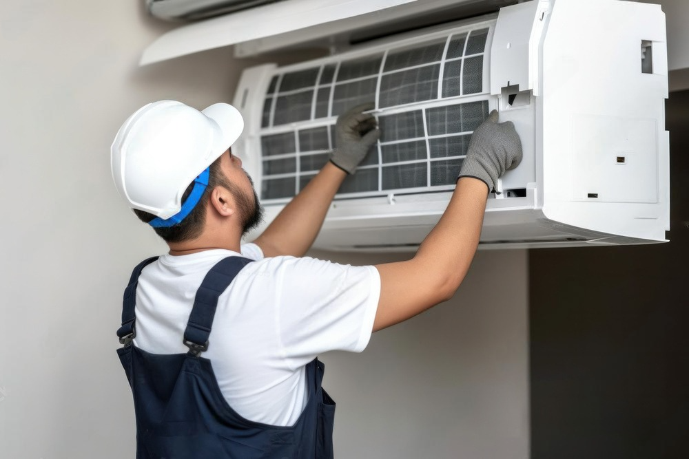 a man is cleaning the filter of an air conditioner .