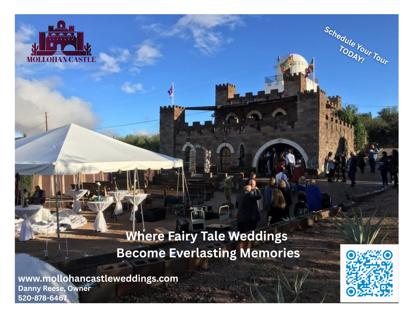 Castle venue with tent, outdoor tables, and people; promoting fairy tale weddings.