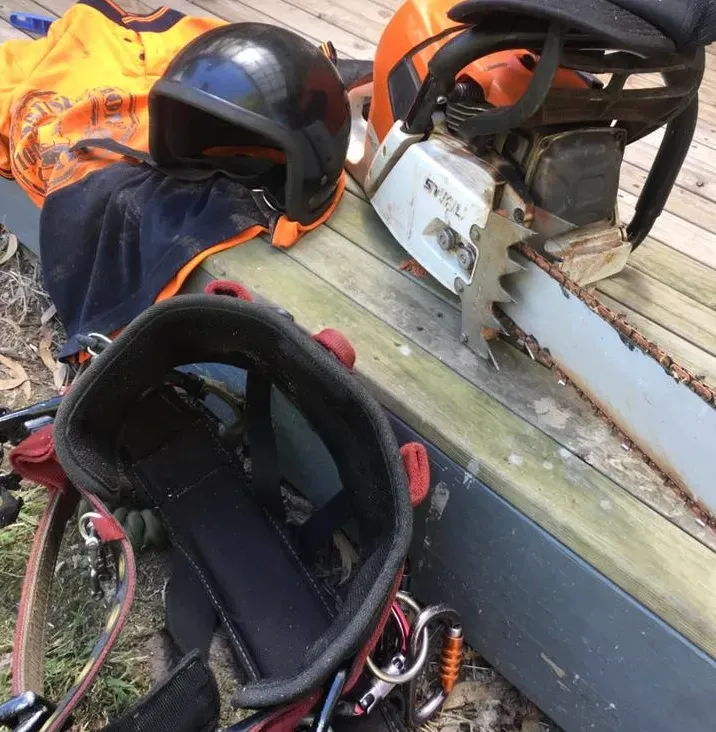 Hard Hat and Chainsaw With Safety Harness — Amazon Tree Service in Campbelltown, NSW