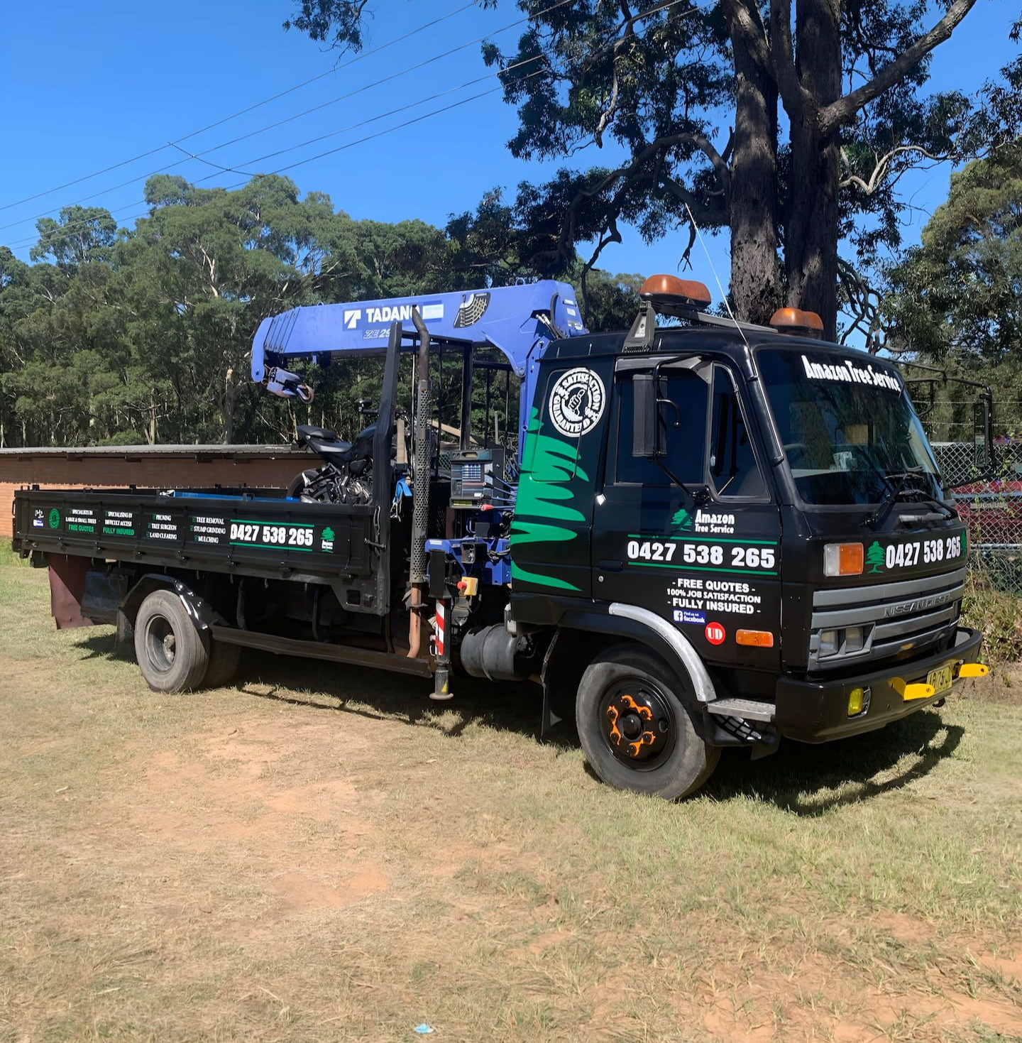 A black flatbed truck with a blue crane mounted on the back, parked on a grassy field under a clear blue sky. — Amazon Tree Service in Picton, NSW