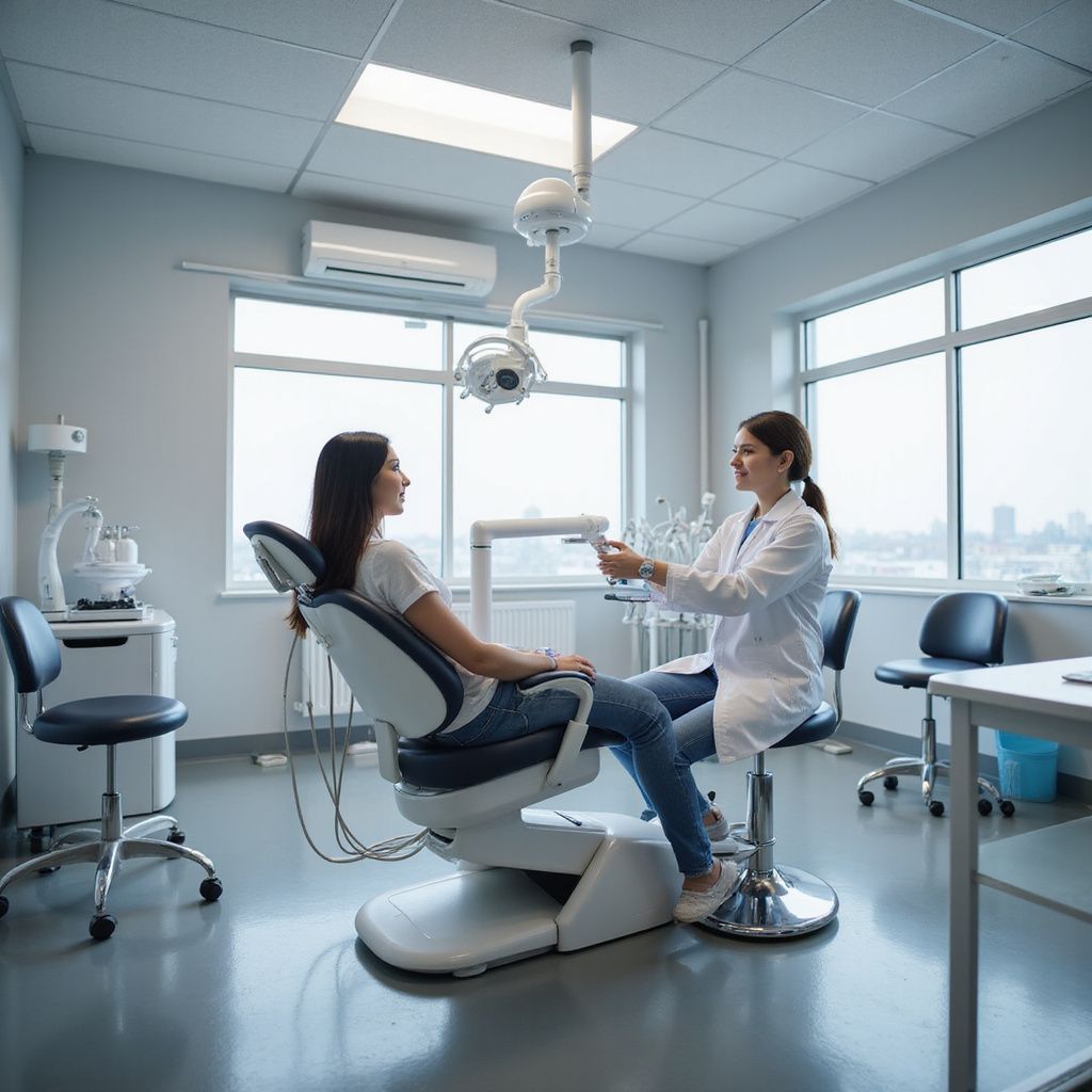 Dentist examining a patient in a dental chair in a bright, modern office.