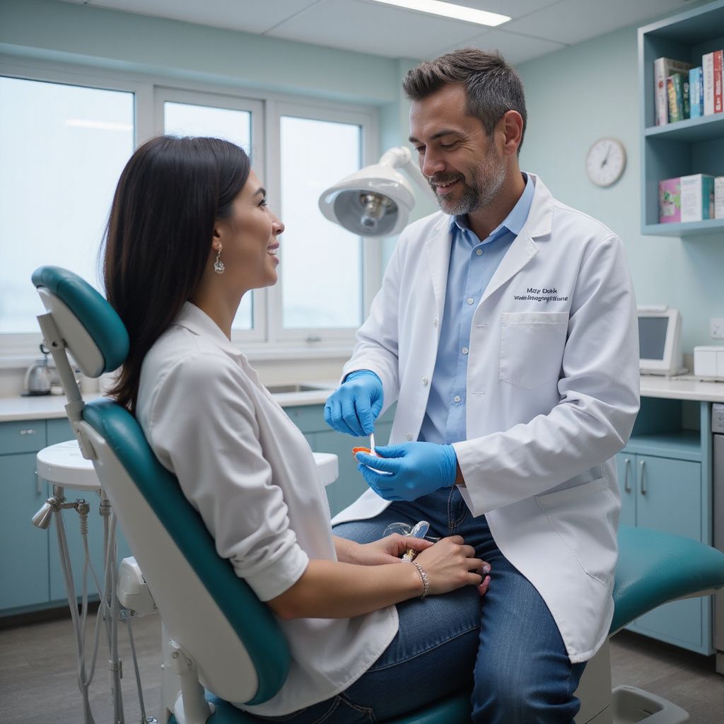 A dentist in a lab coat, with gloves on, talks to a female patient in a dental chair.