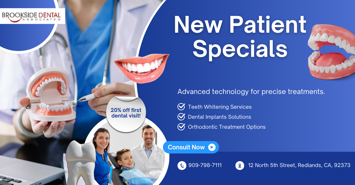 Dental office ad with new patient specials. Blue background, smiling teeth, and staff, offering services.