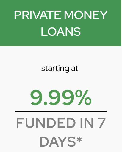 Private money loans offer 9.99% interest rates and 7-day funding. Text is white, green, and grey on a light background.