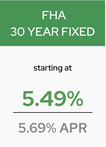 FHA 30-year fixed mortgage advertisement showing a 5.49% interest rate and 5.69% APR on a green and white background.