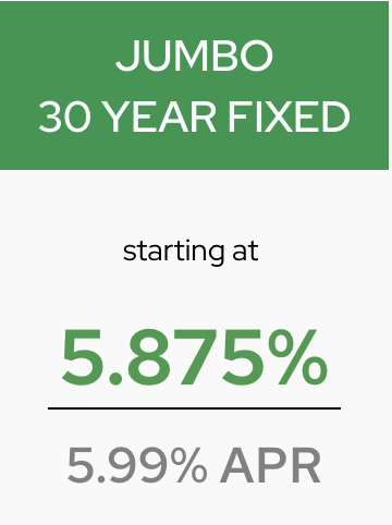 Jumbo 30-year fixed mortgage advertisement: 5.875% interest rate starting at 5.99% APR on a white and green background.