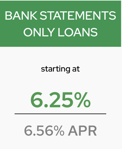 A promotional graphic for bank statement-only loans with a 6.25% interest rate and 6.56% APR.