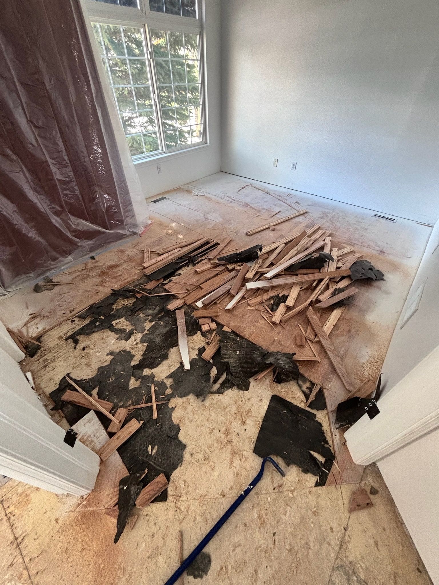 Room with damaged flooring, debris scattered on floor, window in background, doorway visible.