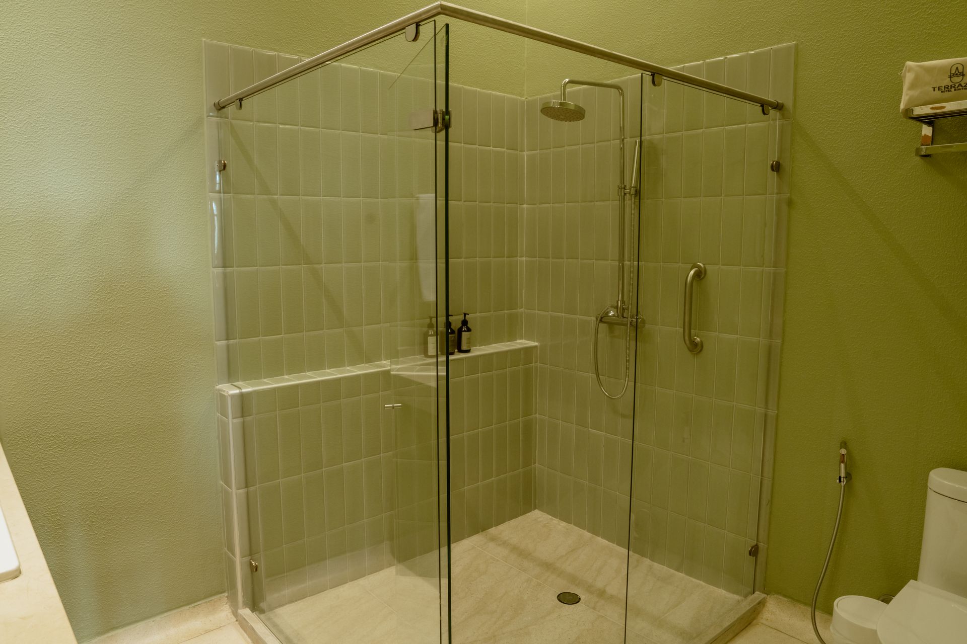 Un baño con ducha a ras de suelo y un inodoro.