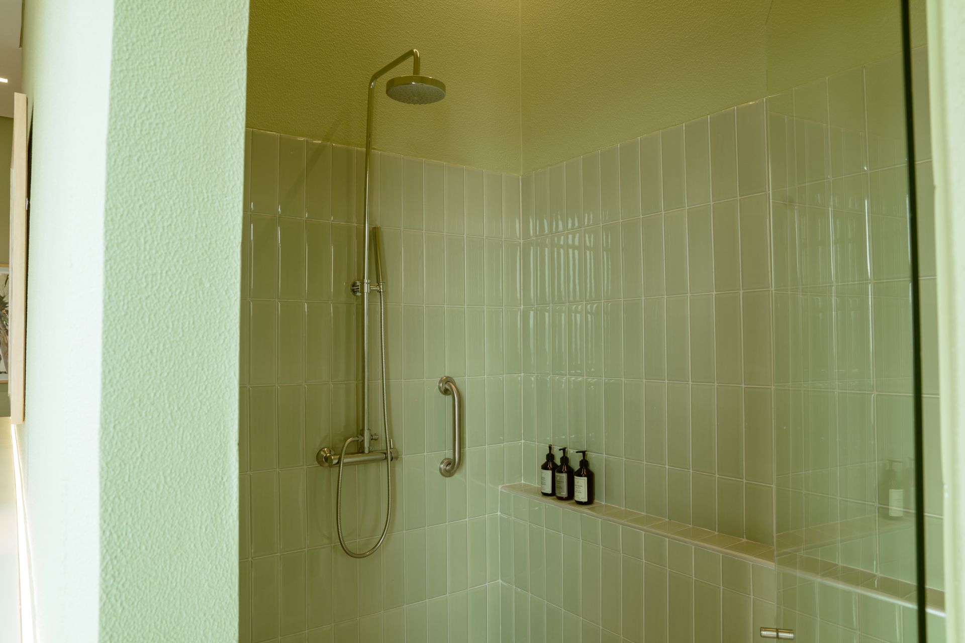 Un baño con ducha a ras de suelo y puerta de cristal.