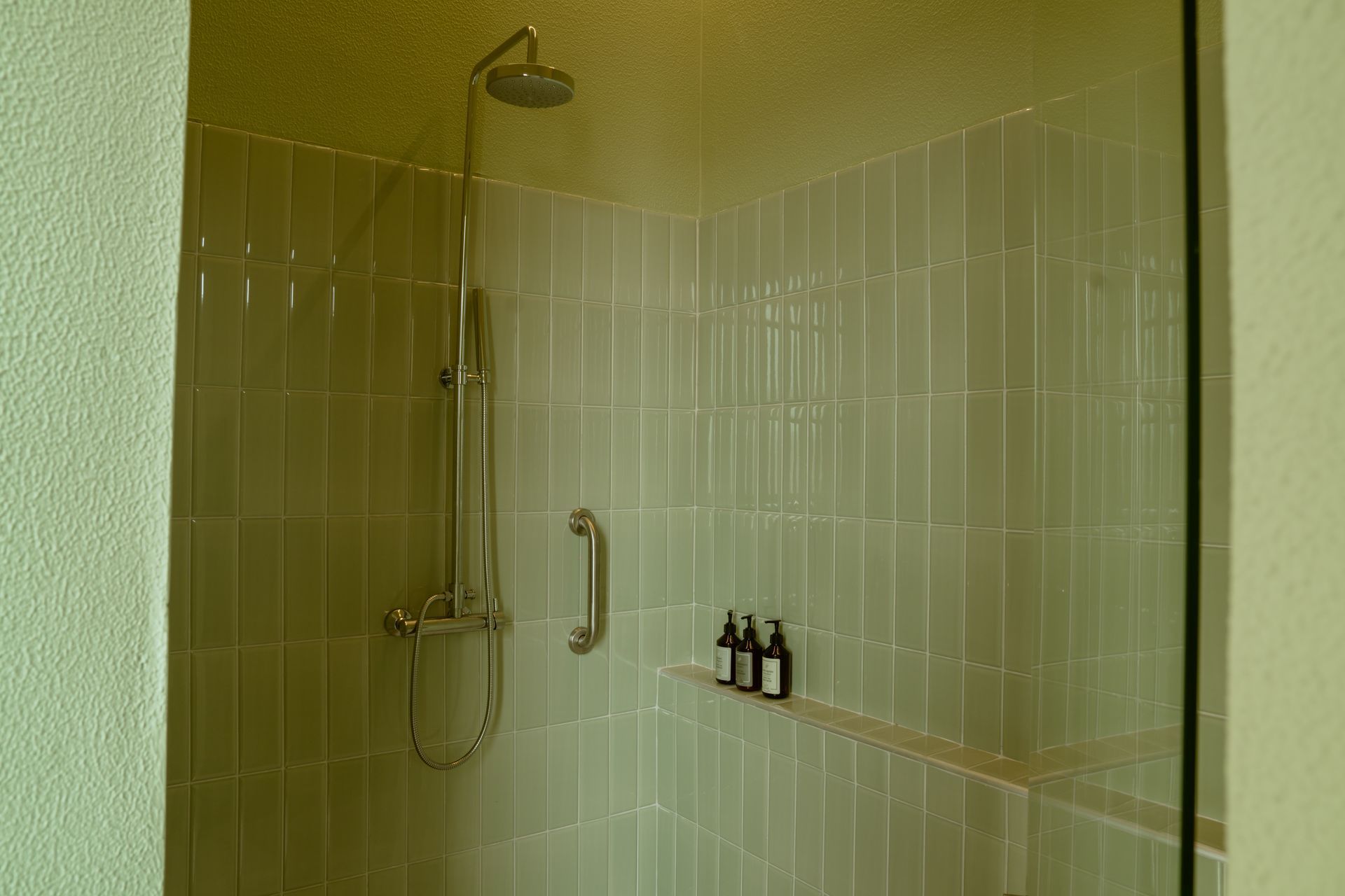 Un baño con ducha a ras de suelo y puerta de cristal.