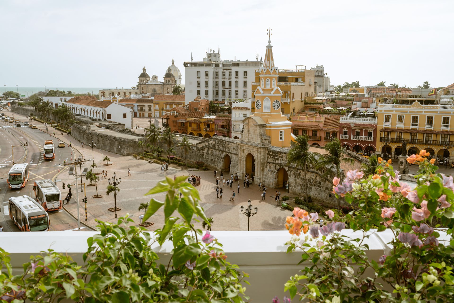Una vista aérea de una ciudad con flores en primer plano y una torre de reloj en el fondo.