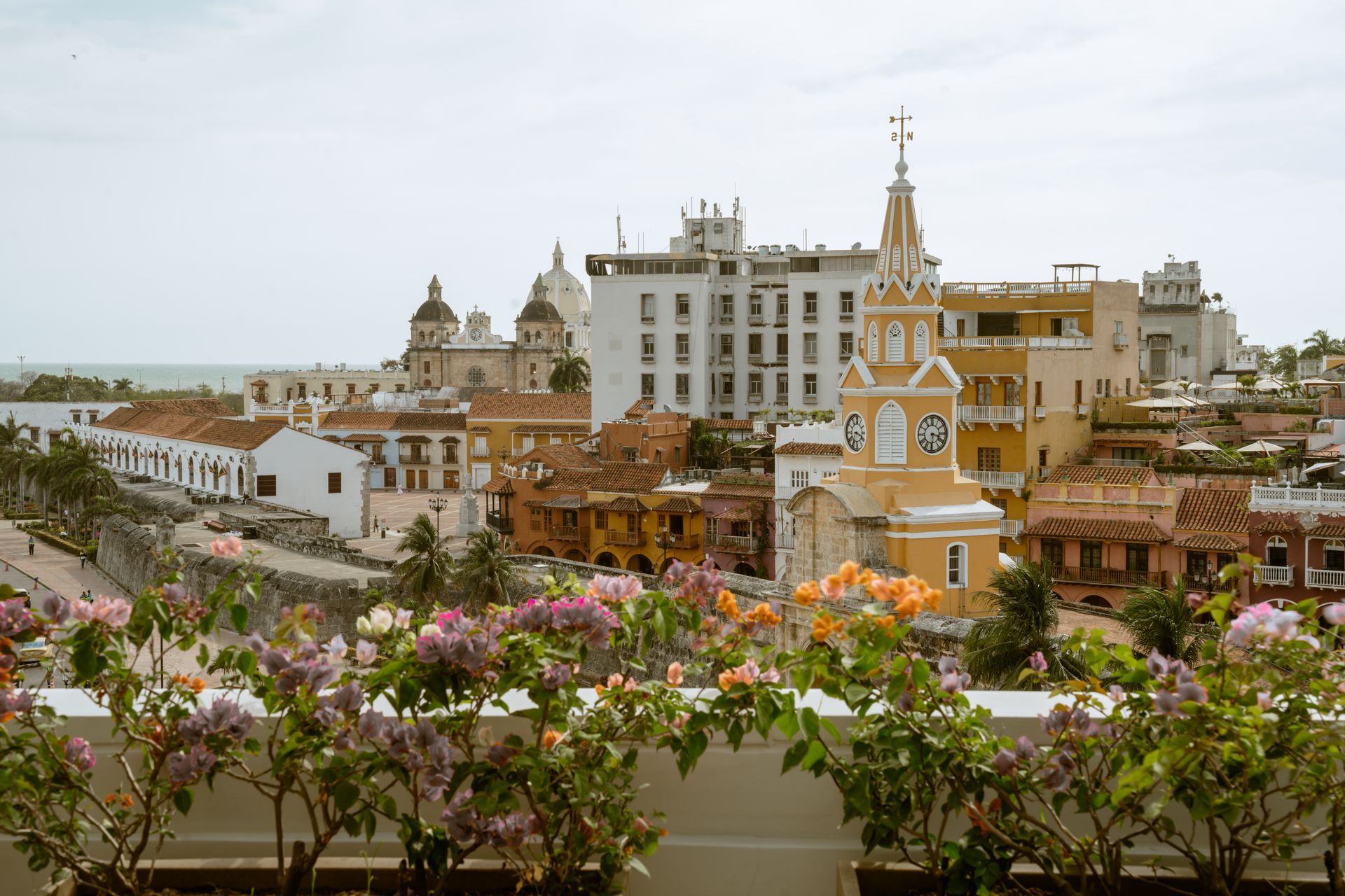 Una vista de una ciudad desde un balcón con flores en primer plano y una torre de reloj al fondo.