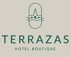 Un logotipo para el hotel boutique Terrazas con un barco en el medio.