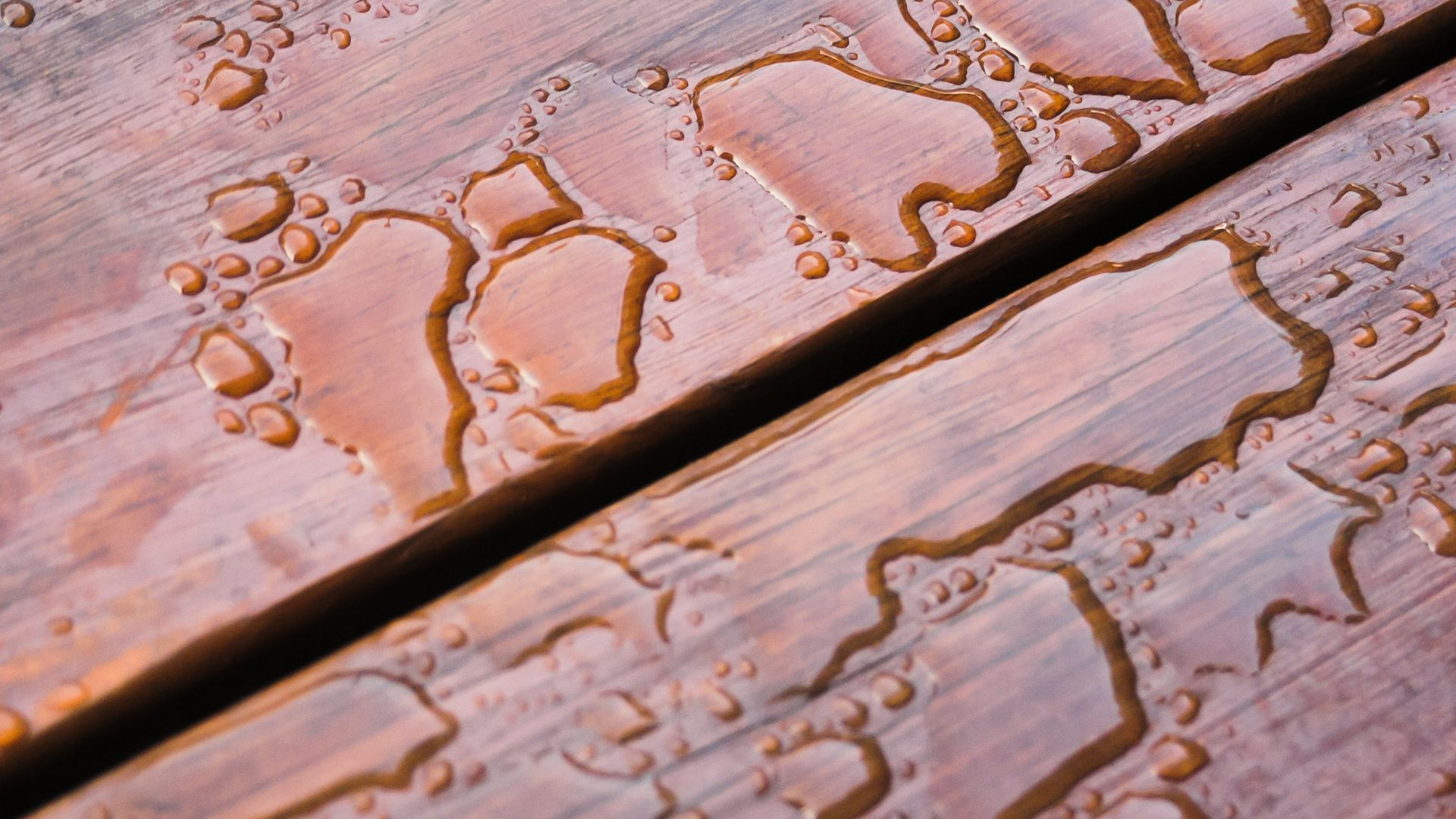 Close-up of water beads on a sealed wooden deck, showcasing its rich texture and color.