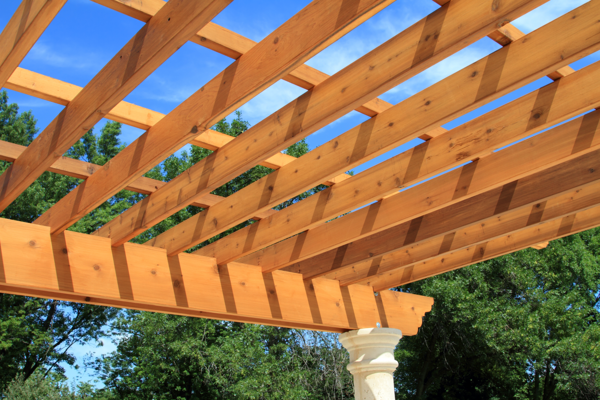A photo of a stunning pergola taken in the middle of a sunny summer day. The pergola looks beautiful and has been built by professional pergola contractors.