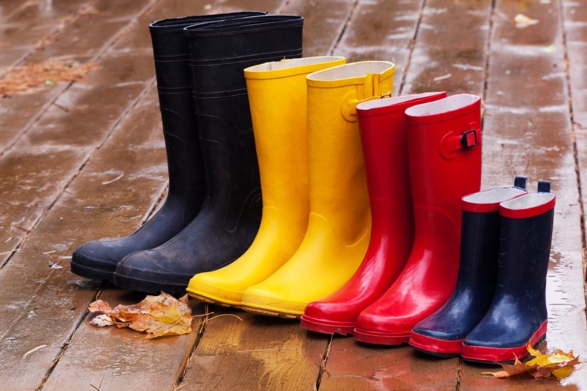 A line-up of rubber boots on a wet wooden deck in St. Paul, MN, showcasing an array of sizes and colors. From left to right, there’s a pair of tall black adult boots, followed by bright yellow, then vibrant red, and lastly a small pair of navy blue with red soles. The boots are set against a backdrop of fallen autumn leaves, hinting at rainy weather. The wet surface of the deck reflects the boots and leaves, enhancing the seasonal, outdoor atmosphere of the scene.