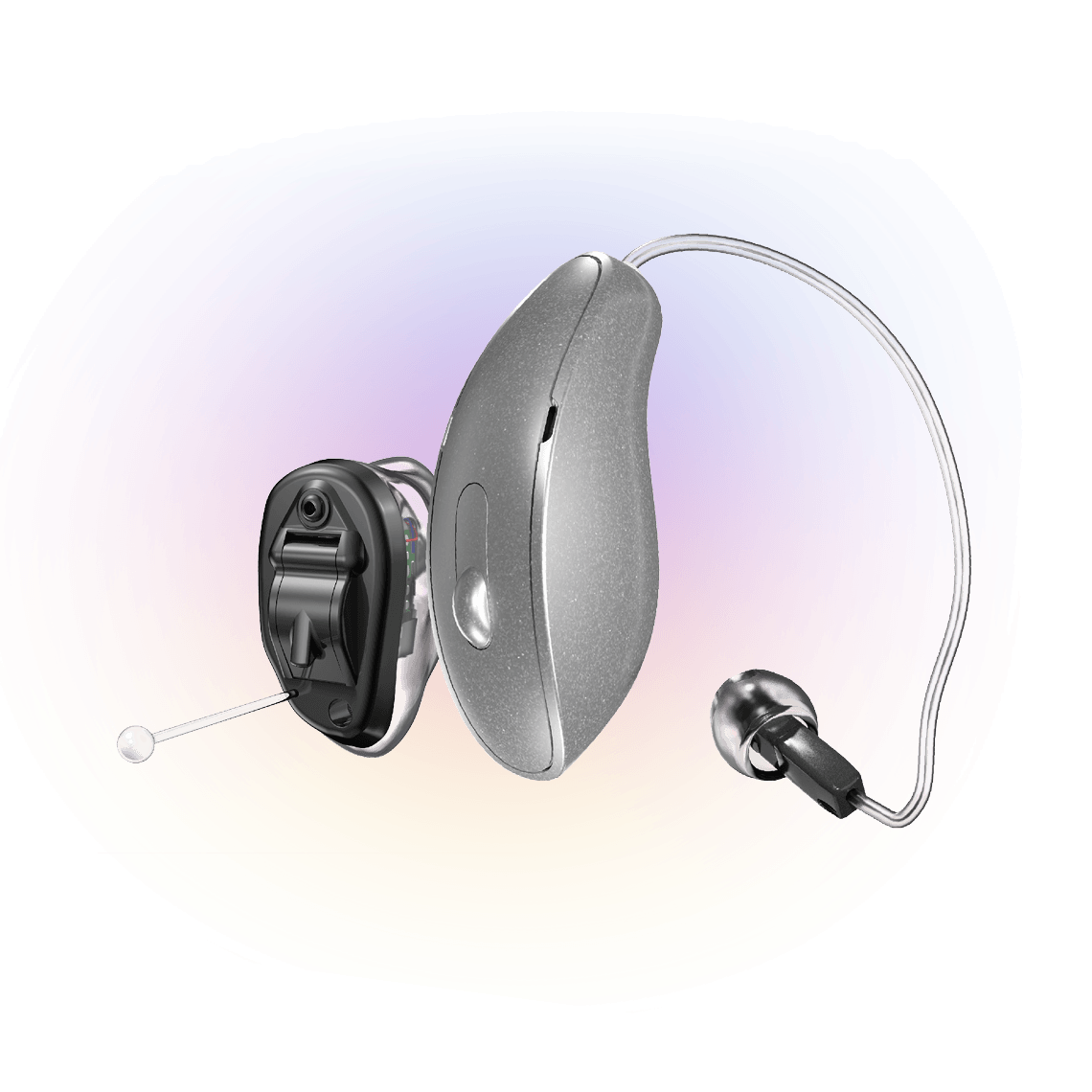 A close up of a hearing aid on a white background.