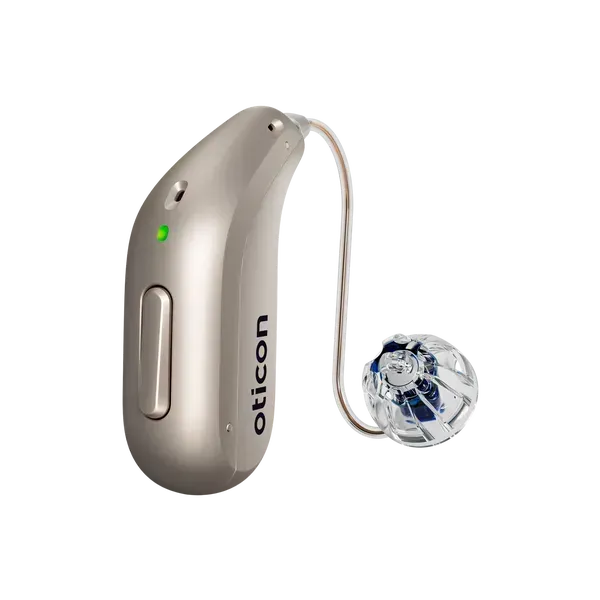 A close up of an oticon hearing aid on a white background