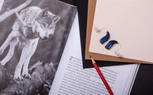 A wolf is standing on a rock next to a book and a pair of hearing aids.