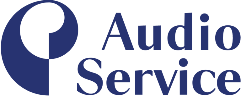 A blue logo for audio service on a white background